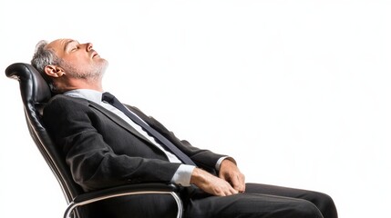 Executive Relaxation: A mature businessman leans back in his executive chair, eyes closed, enjoying a moment of peaceful respite.  A powerful image conveying calm and composure. 