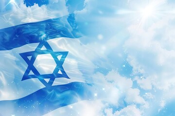 Israel flag with a star of David on sky background. Banner with place for text