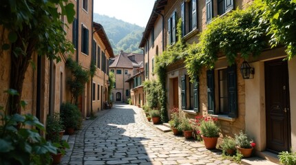 Obraz premium Cobblestone Alley in Historic European Village
