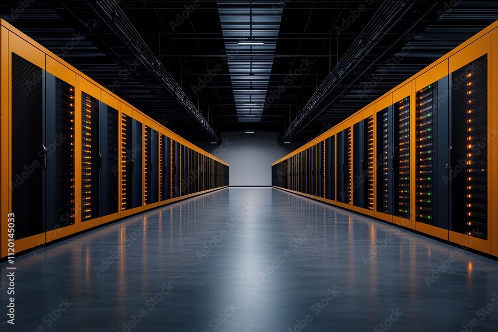 Poster modern server room in a data center showcasing advanced technology and organization with orange cabi
