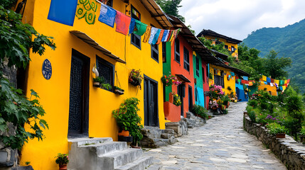 Naklejka premium Vibrant colorful houses line cobblestone path, adorned with flowers and prayer flags, creating lively atmosphere in scenic mountain village