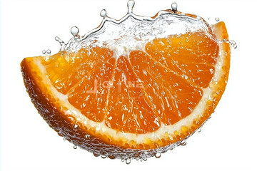vibrant orange slice splashing into clear water, creating dynamic droplets and refreshing visual effect. This captures essence of freshness and vitality