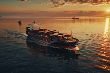 Obraz premium container cargo ship at sunset in the middle of a calm ocean