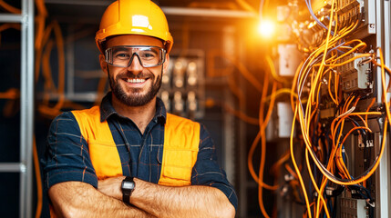 Confident Electrician: A skilled electrician, radiating confidence and expertise, stands proudly amidst a complex network of wires and machinery, embodying the dedication and precision of the trade. 