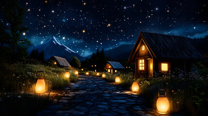Fototapeta premium Road trip under stars in traditional mountain setting with cozy cabins illuminated by lanterns, creating serene and magical atmosphere