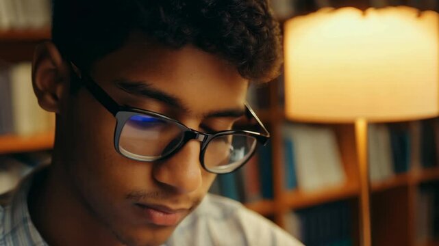 Young Indian male student with eyeglasses reading the book in a library. A bespectacled young man, his gaze fixed on the pages, exemplifies the studious nature of the library setting.