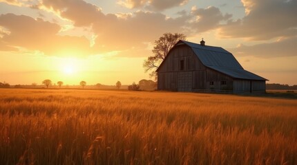 Obraz premium Golden Wheat Field and Rustic Barn at Sunset