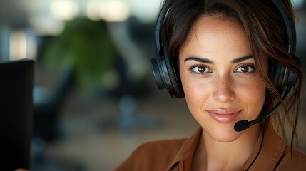 Confident call center worker engaged in conversation at a modern office during daytime hours