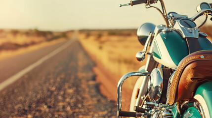 Open Road Dreams: A vintage teal and brown motorcycle stands poised at the edge of a long, sun-drenched highway, beckoning adventure and freedom. 