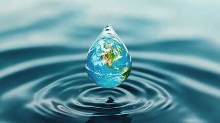 Clean Water Drop Shaped Like Earth on Rippling Surface