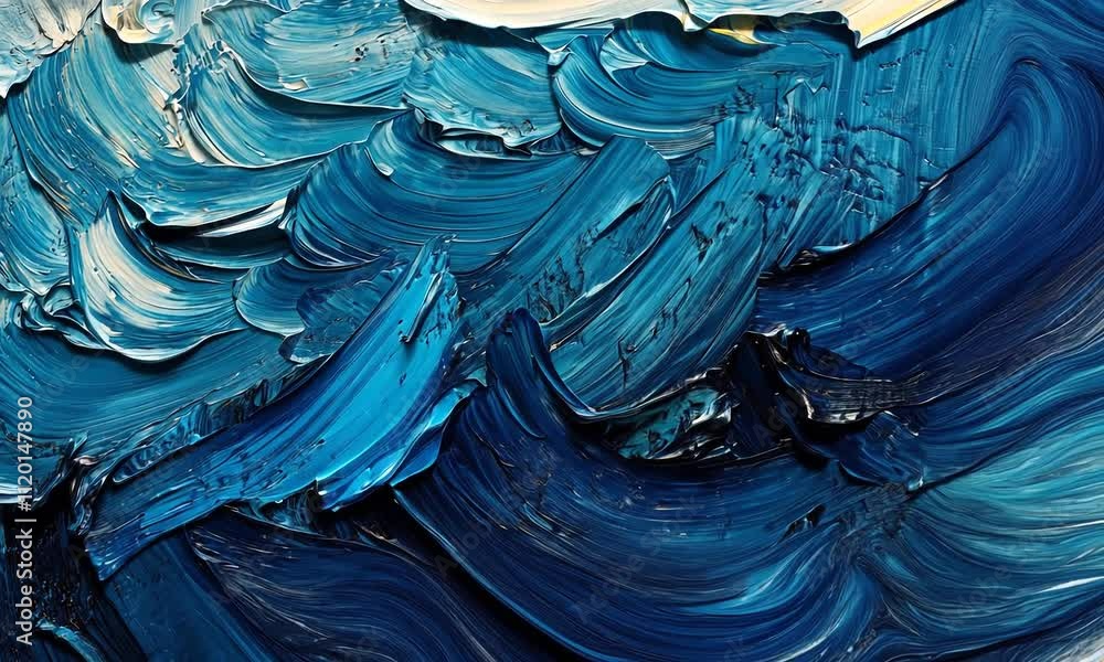 Poster exploring the vibrant hues of azure and cream in an abstract painting inspired by ocean waves at dus