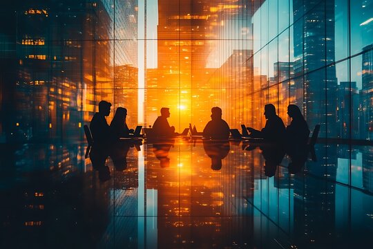 Executives Global Strategy Meeting Sunset Cityscape