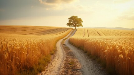 Obraz premium Serene Rural Dirt Road Winding Through Golden Field