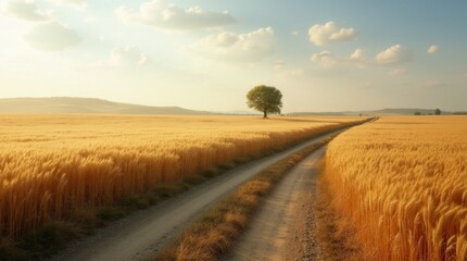 Fototapeta premium Serene Rural Dirt Road Through Golden Field