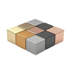 Obraz premium A modern arrangement of cubes in various metallic colors, ideal for design backgrounds or creative projects, transparent background.