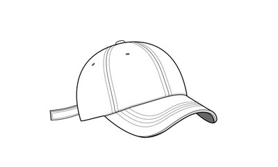 Classic Baseball Cap technical fashion illustration. baseball cap vector template illustration. 3/4 perspective view. curved brim. adjustable strap. unisex. white color. CAD mockup.