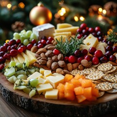 Festive charcuterie board display cozy home setting gourmet food platter holiday atmosphere close-up view entertaining concept