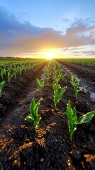 Early Morning Sunlight Illuminates Growing Corn Plants in a Vast Agricultural Field Under