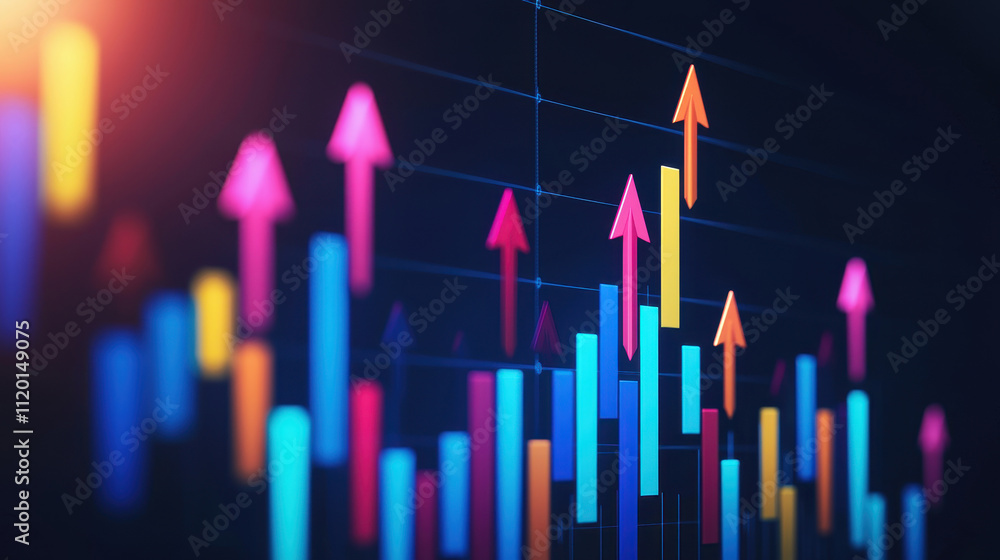 Poster colorful graph showing positive growth with upward arrows representing business progress.