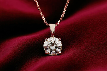 Elegant diamond pendant on a rich red velvet background, perfect for gift or fashion photography.