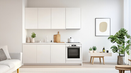 Fototapeta premium Modern kitchen interior with minimalist design, featuring sleek cabinets, appliances, and decorative plants.