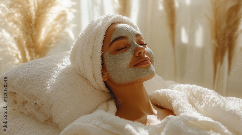 Poster a woman reclining in a spa setting, wearing a soft robe and towel, enjoys a calming facial mask. nat