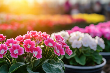 Vibrant flowers bloom in a greenhouse, showcasing a colorful array of petals and leaves.