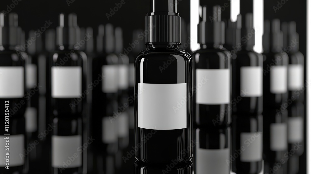 Poster black bottles with blank labels displayed in rows