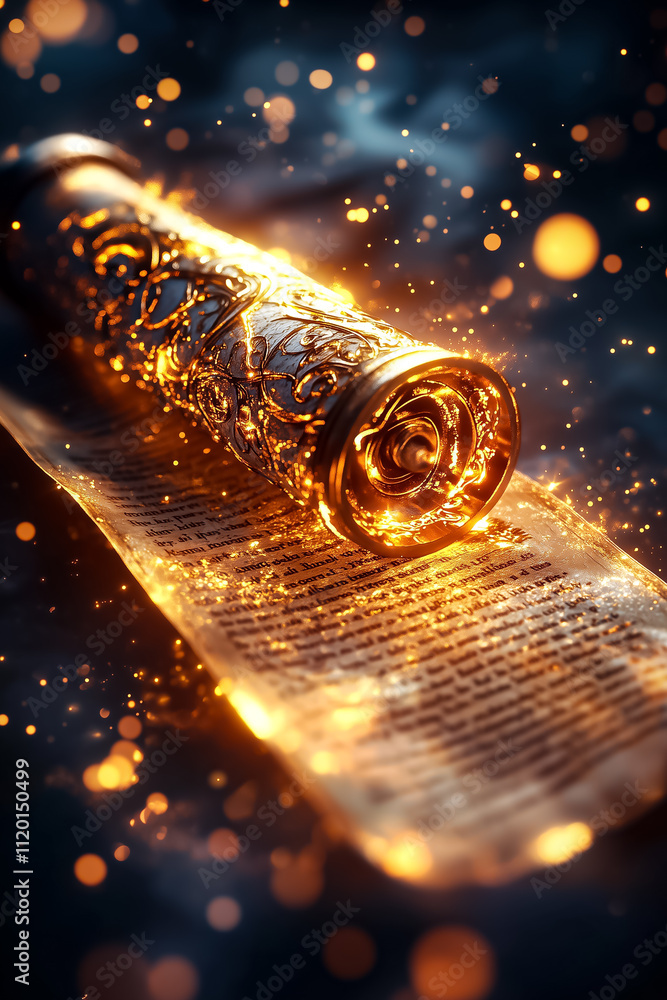Poster an ancient scroll unrolls in mid-air, shimmering with golden light and surrounded by floating magica