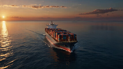 Obraz premium container cargo ship at sunset in the middle of a calm ocean