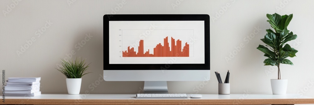 Poster a modern workspace featuring a computer displaying a graph, complemented by potted plants and organi