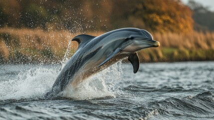 Obraz premium Dolphin leaping from water, splashing, sunset.