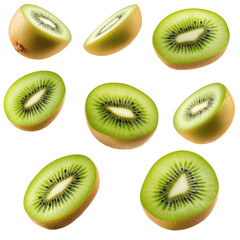 Fototapeta premium Collection of flying kiwi fruit with half slices floatin