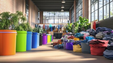 Fototapeta premium Colorful buckets filled with sorted laundry items and green plants line a bright, modern interior space.