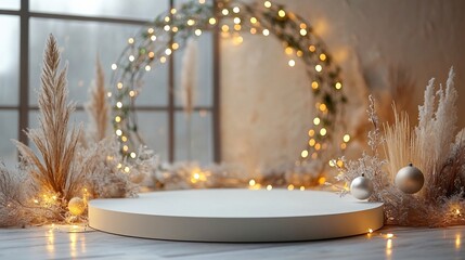 white xmas product podium with lights