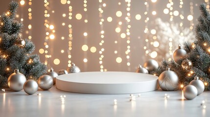 white xmas product podium with lights