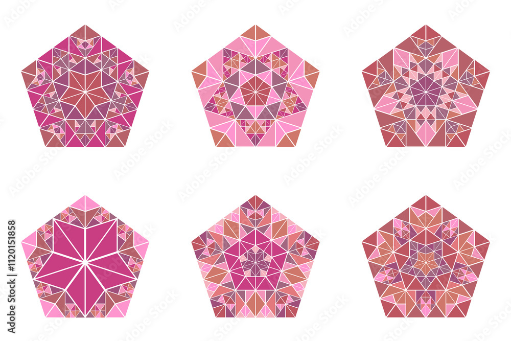 Poster abstract mosaic pentagon shape set - polygonal colorful geometrical vector graphics from triangles