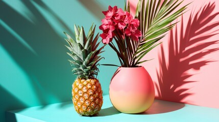 Fototapeta premium Pineapple and pink flowers against vibrant backdrop