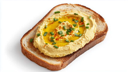 one single toast bread with creamy hummus with oil and spices isolated on white background
