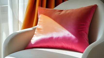 Vibrant Silk Pillow Resting on a Modern Chair