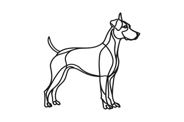 intricately designed dog silhouette, crafted from precise vector lines and shapes, stands prominently against a pristine white background