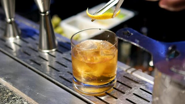 Old Fashioned cocktail drink chilean version with bourbon whiskey, sugar, ice, bitter dashes, maraschino cherry in dark background and selective focus vertical video. cocktail cosmopolitan