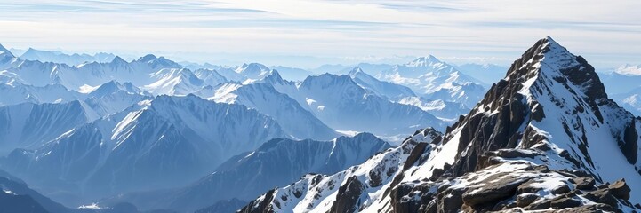Fototapeta premium Panoramic view of snow-covered steep peaks with a backpacker exploring the mountains, peak, nature