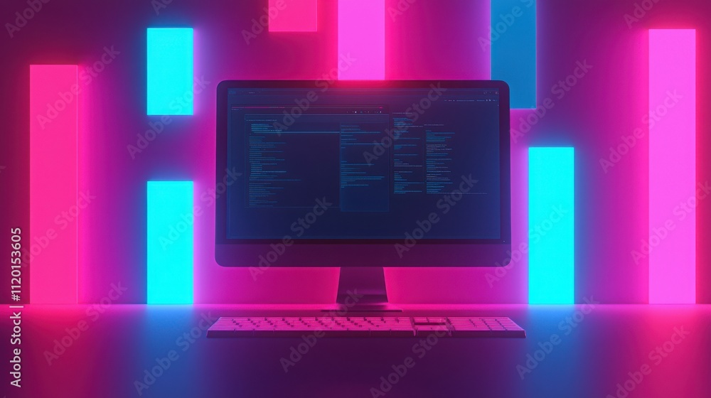 Poster a modern computer setup illuminated by vibrant neon lights, creating a futuristic and tech-inspired 