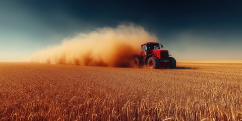 Fototapeta premium Red Tractor Driving Through a Wheat Field