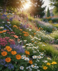 A beautiful garden filled with a variety of wildflowers and daisies, vibrant, garden