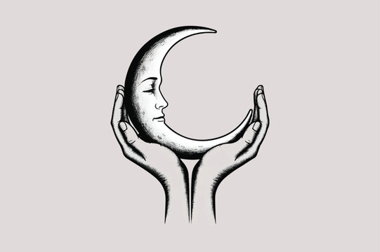 high-contrast black and white illustration of a crescent moon