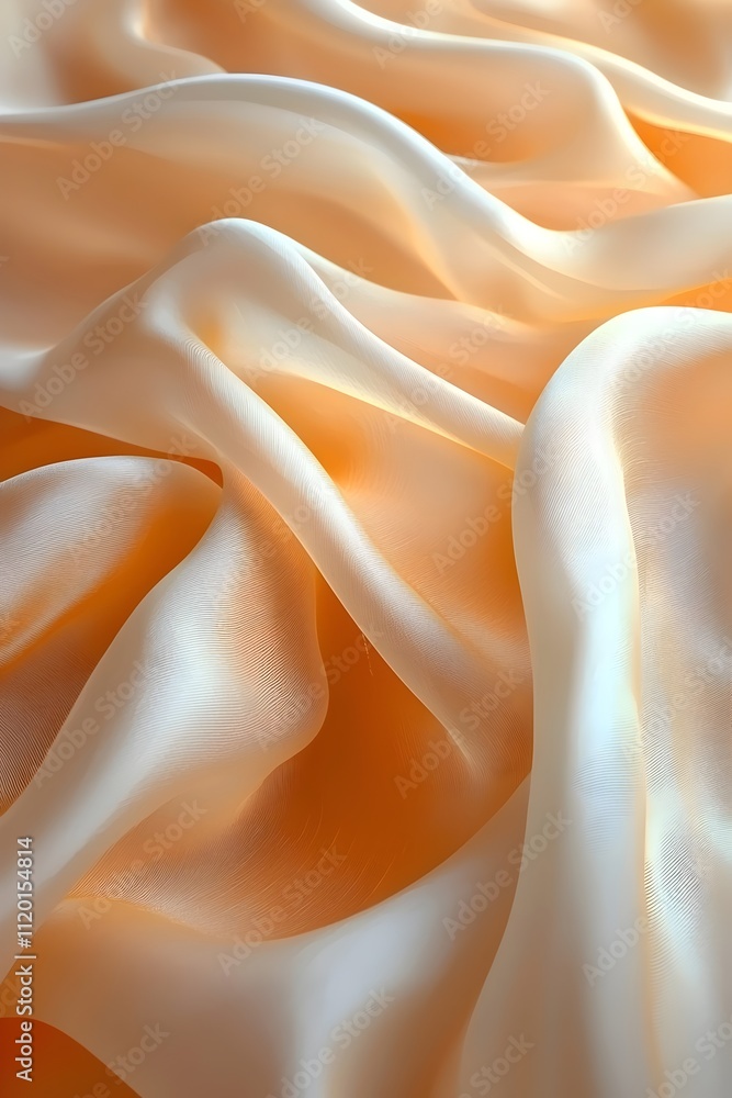 Poster A close-up of soft, flowing silk fabric in a gradient of warm peach and cream tones, creating a gentle and soothing visual texture.