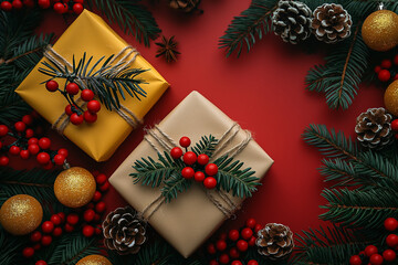 Two presents with red berries on top of them are on a red background
