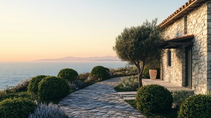 Obraz premium Exterior view of a rustic mediterranean house overlooking the sea at sunset. Generative AI.